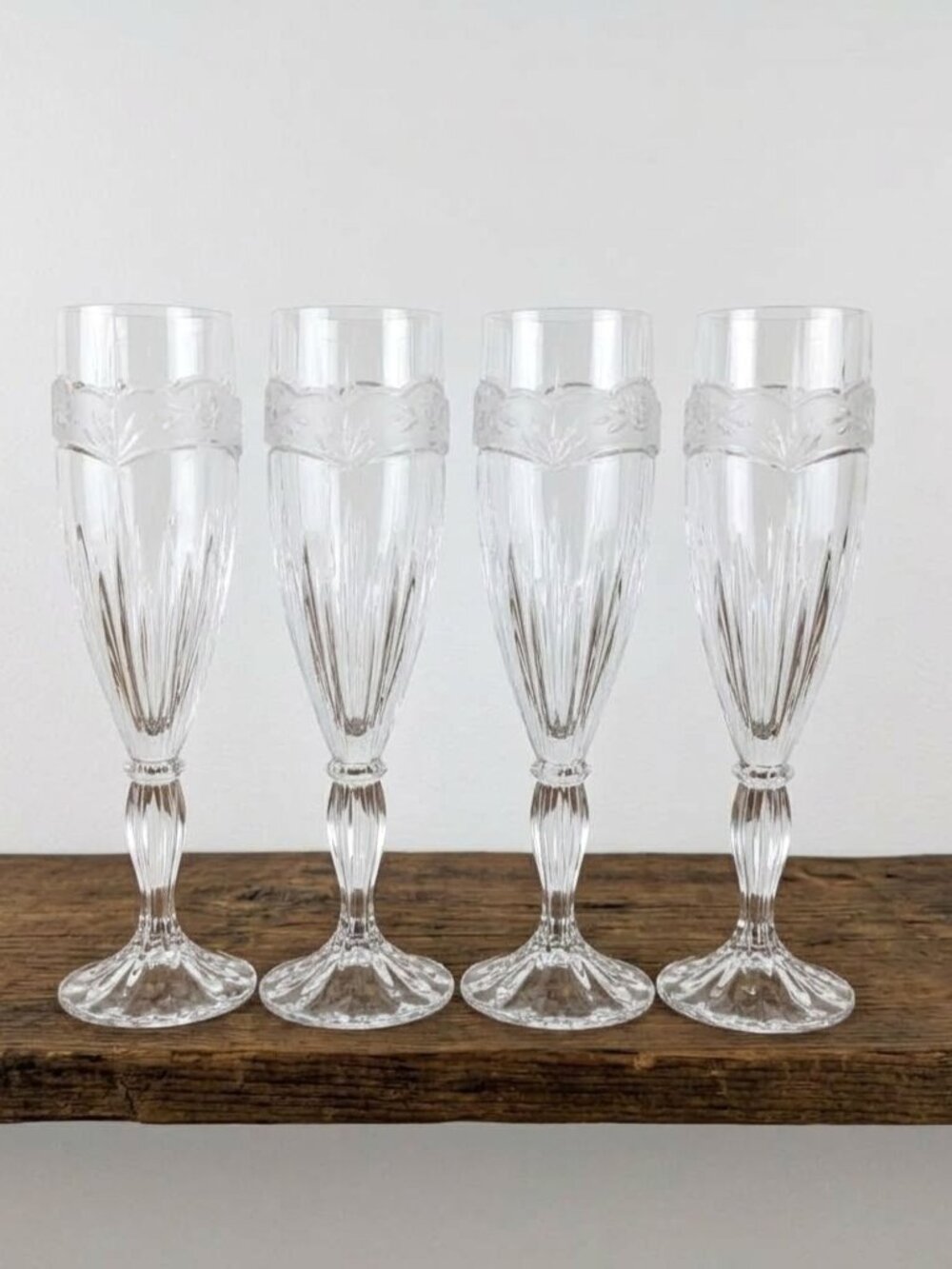 Set of 4 Vintage Oneida Southern Garden Champagne Flutes Frosted Rose Band 6 oz.